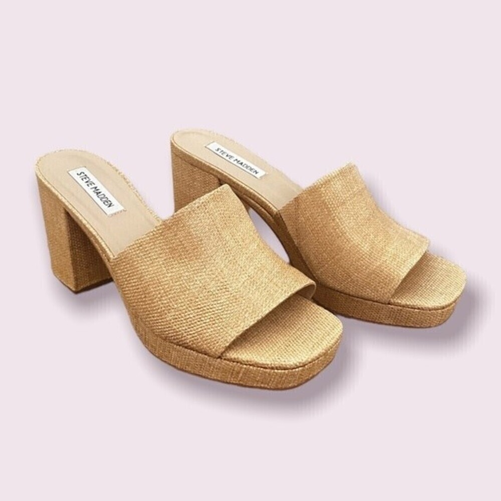 Steve Madden Elda Heels Beige Tweed Square Open Toe Sandals Y2K Womens Size 9.5